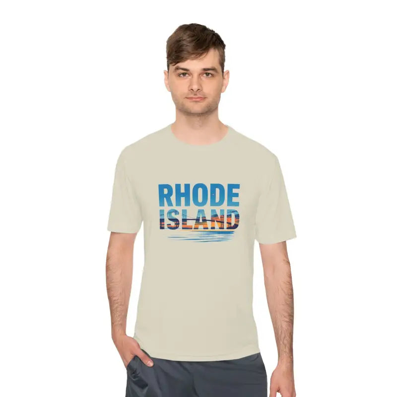 Beige Rhode Island unisex moisture-wicking t-shirt for outdoor travel