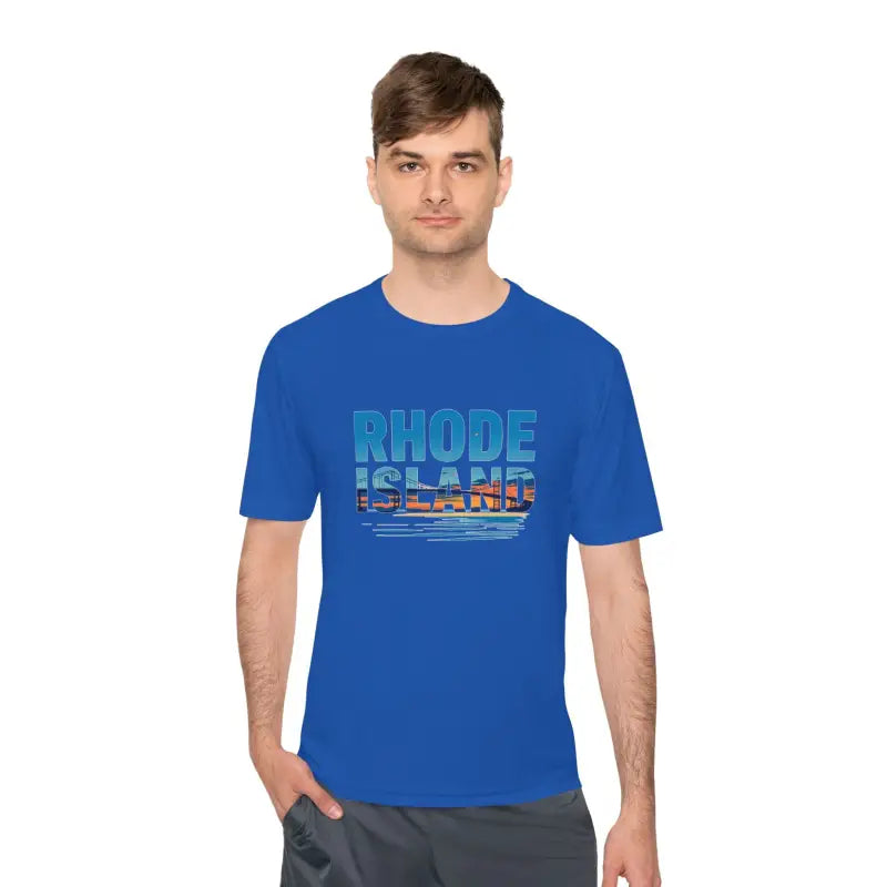 Blue Rhode Island Unisex Moisture Wicking T-Shirt for Outdoor Travel Displayed