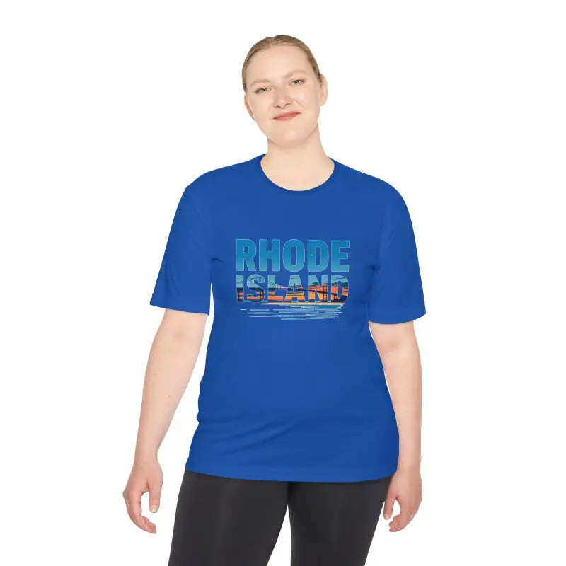 Blue Rhode Island Unisex Moisture Wicking T-Shirt for Outdoor Travel Displayed