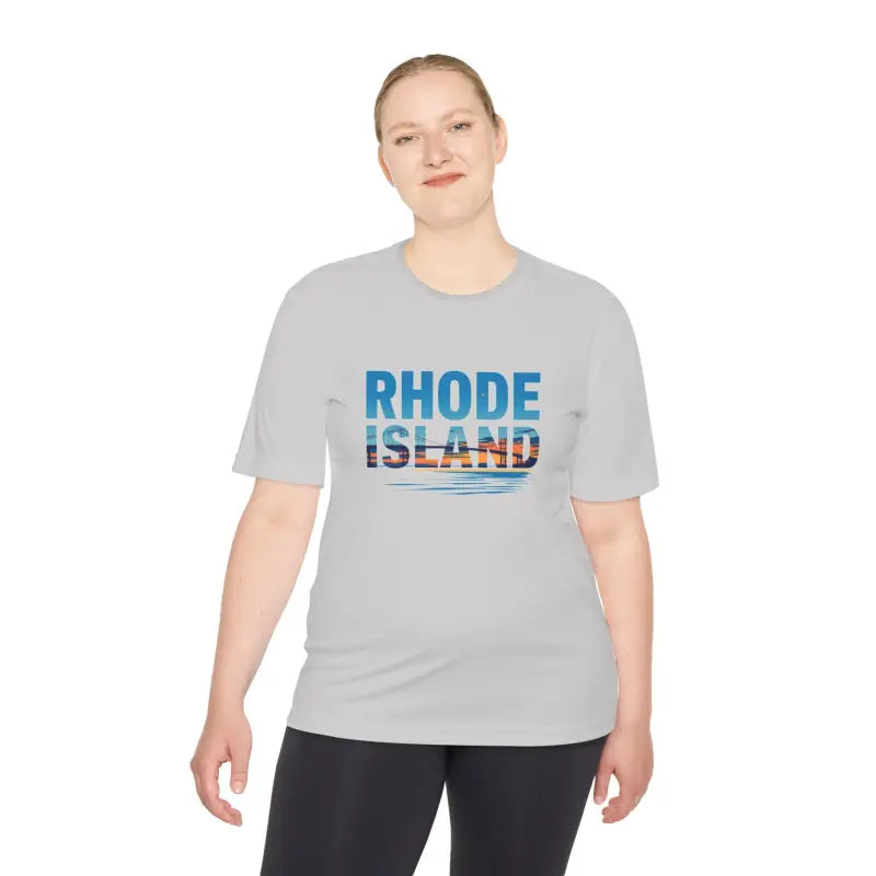 Gray Rhode Island T-shirt for outdoor travel, ideal for moisture-wicking comfort