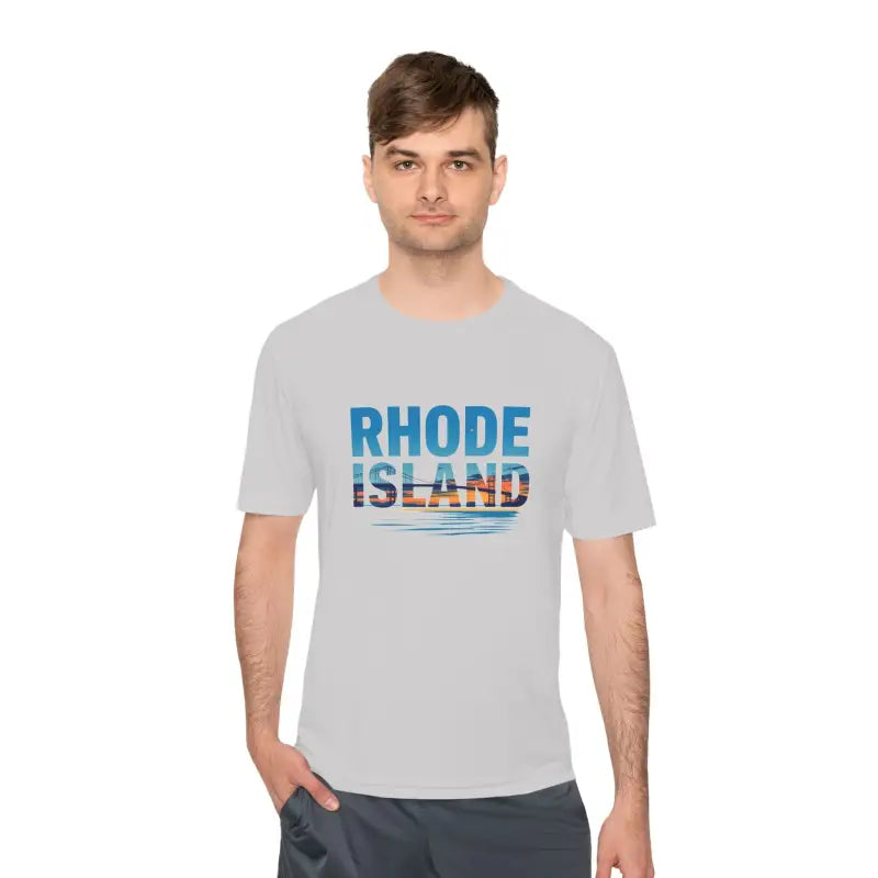 Gray Rhode Island Unisex Moisture Wicking T Shirt ideal for outdoor travel activities