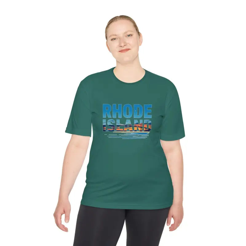 Green Rhode Island design t-shirt for unisex outdoor travel and moisture wicking