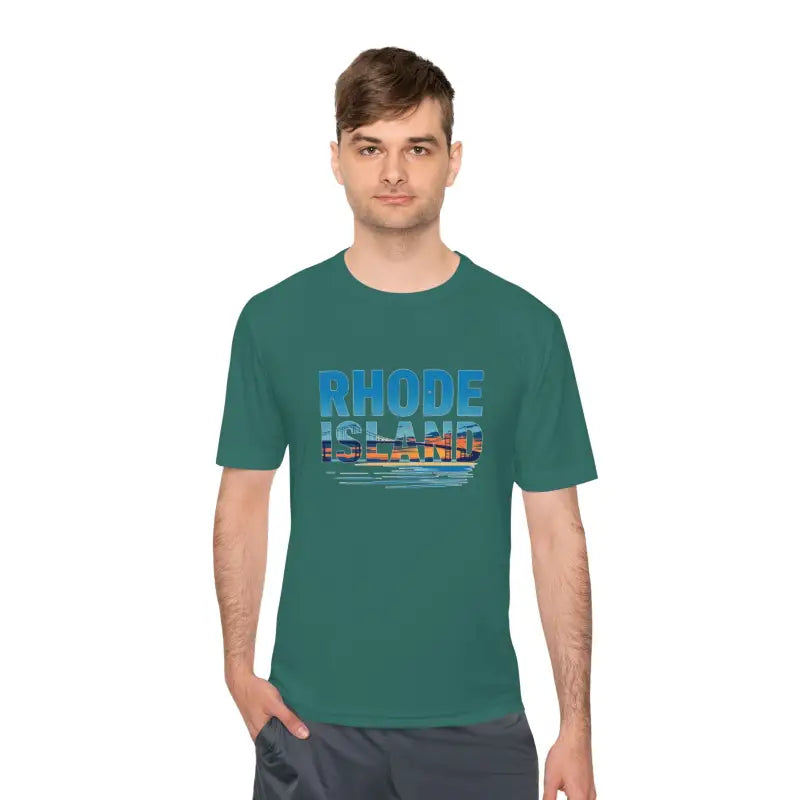 Green Rhode Island T-shirt for outdoor travel, featuring moisture-wicking fabric