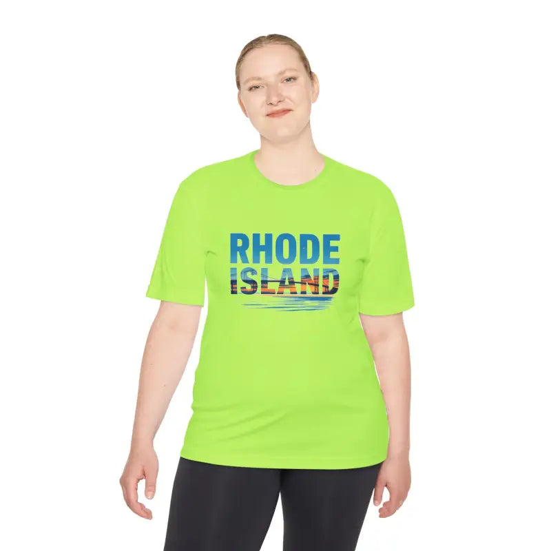 Lime green Rhode Island Unisex Moisture Wicking T-Shirt for outdoor travel adventures