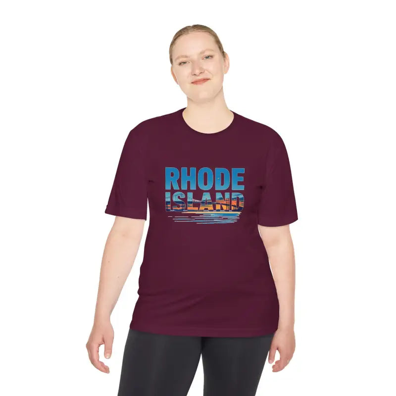 Maroon Rhode Island graphic t-shirt for outdoor travel and moisture-wicking comfort