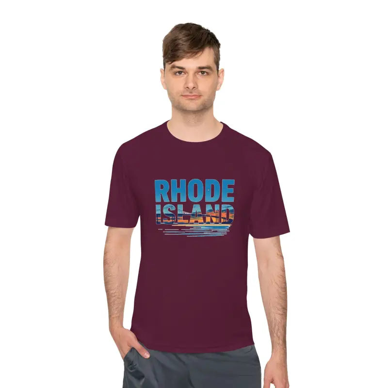 Maroon Rhode Island graphic t-shirt for outdoor travel and moisture wicking comfort