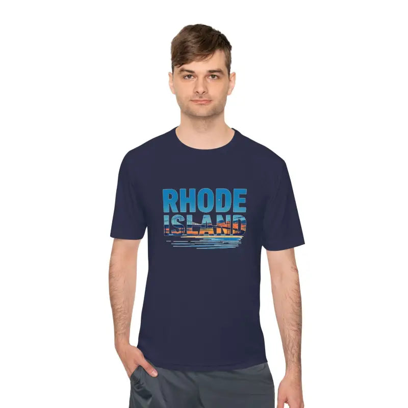Navy blue Rhode Island unisex moisture-wicking t-shirt for outdoor travel