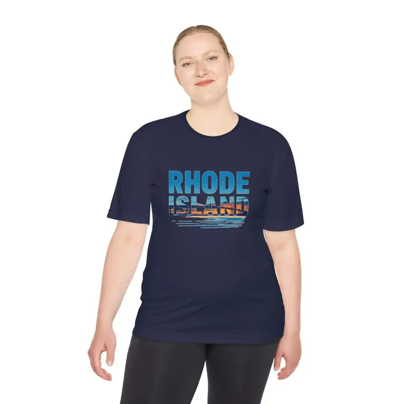 Navy blue Rhode Island Unisex Moisture Wicking T-Shirt for outdoor travel activities
