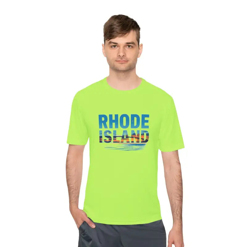 Neon green Rhode Island Unisex Moisture Wicking T-shirt for outdoor travel activities