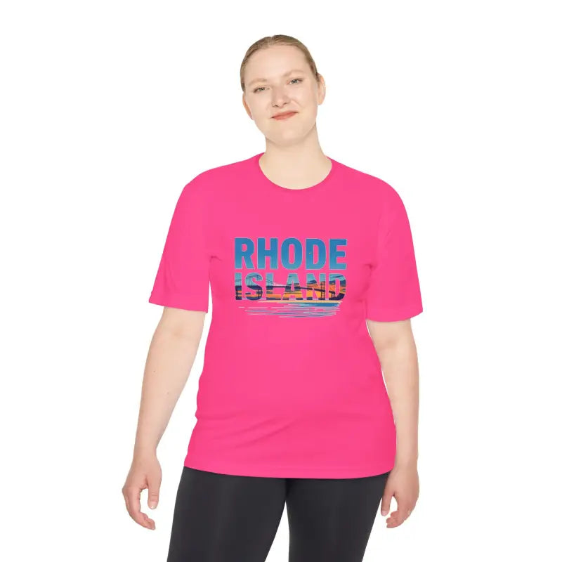 Pink Rhode Island Unisex Moisture Wicking T-Shirt for Outdoor Travel Displayed