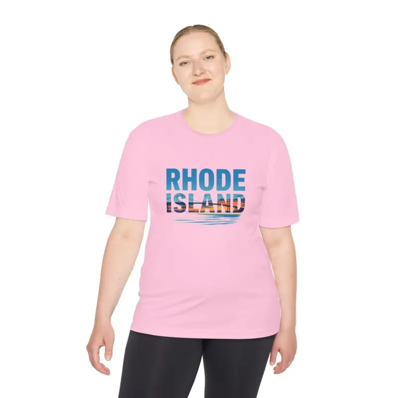 Pink unisex moisture-wicking T-shirt featuring Rhode Island text for outdoor travel