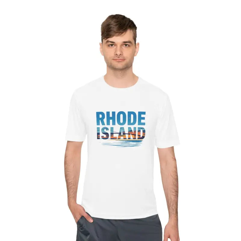 White Rhode Island graphic t-shirt for outdoor travel, unisex moisture-wicking fabric