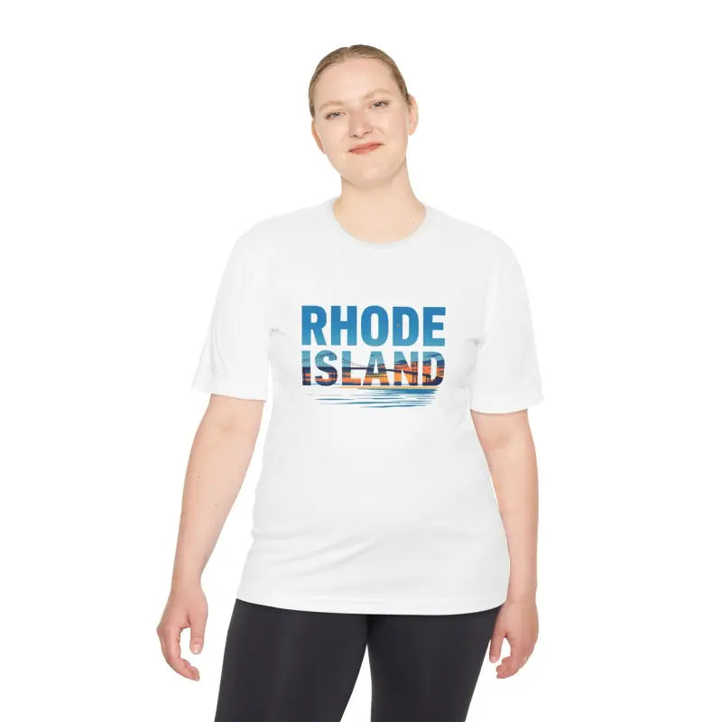 White Rhode Island design on unisex moisture-wicking t-shirt for outdoor travel