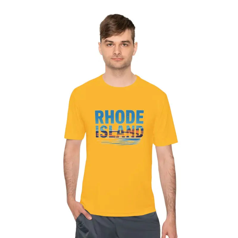 Yellow Rhode Island Unisex Moisture Wicking T Shirt for Outdoor Travel