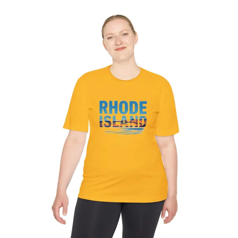 Yellow Rhode Island Unisex Moisture Wicking T Shirt ideal for outdoor travel use