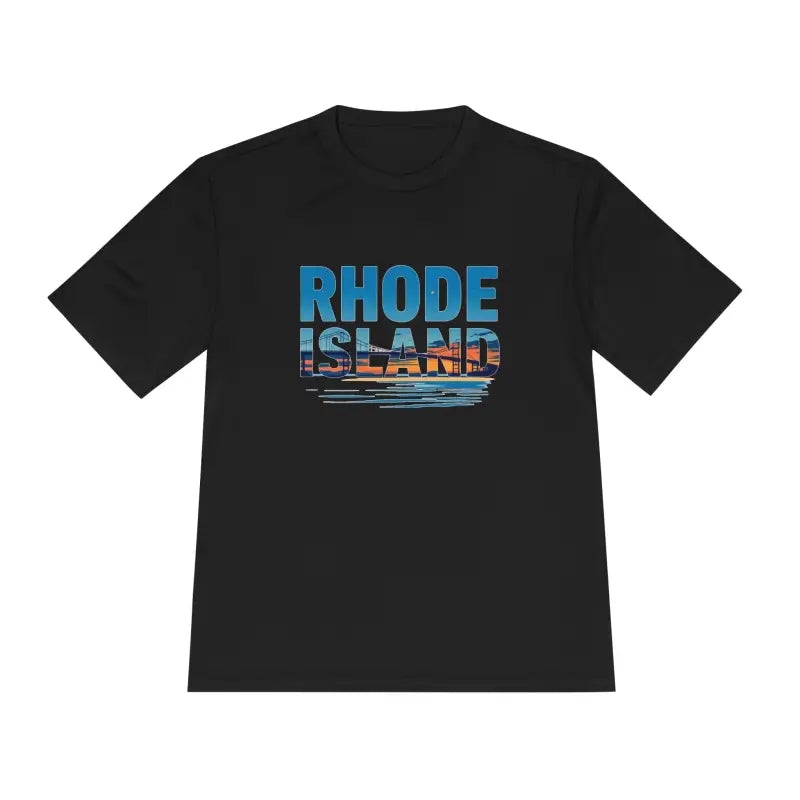 Black Rhode Island graphic t-shirt for outdoor travel and moisture wicking comfort