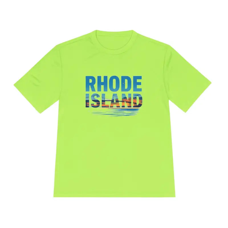 Neon green Rhode Island unisex moisture-wicking t-shirt for outdoor travel