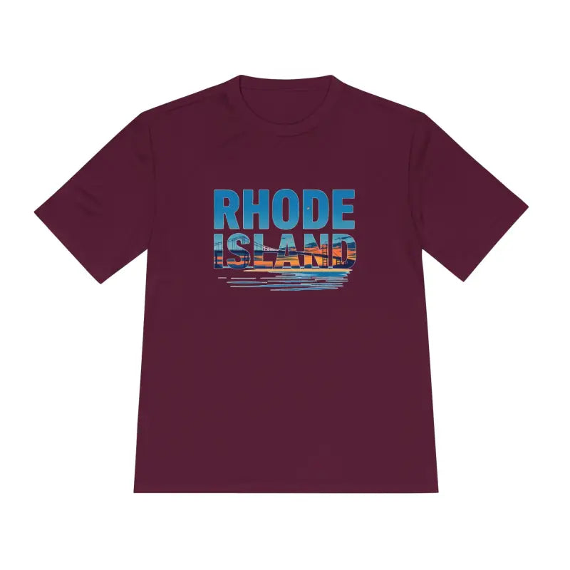 Maroon Rhode Island graphic t-shirt for outdoor travel and moisture wicking comfort