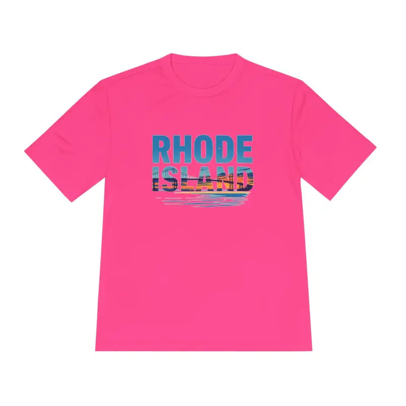 Pink Rhode Island graphic t-shirt for outdoor travel, designed for unisex comfort and moisture wicking