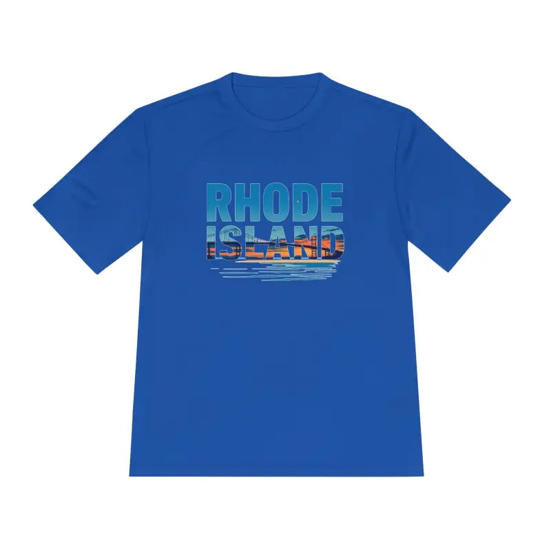 Blue Rhode Island graphic t-shirt for outdoor travel and moisture-wicking comfort