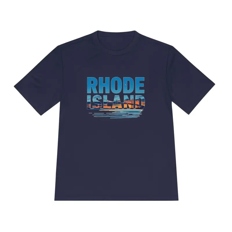 Navy blue Rhode Island graphic t-shirt for unisex outdoor travel and moisture wicking