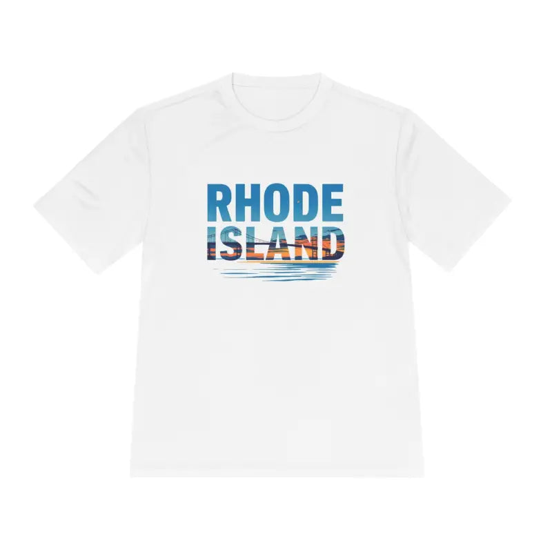 White Rhode Island graphic t-shirt designed for outdoor travel and moisture wicking