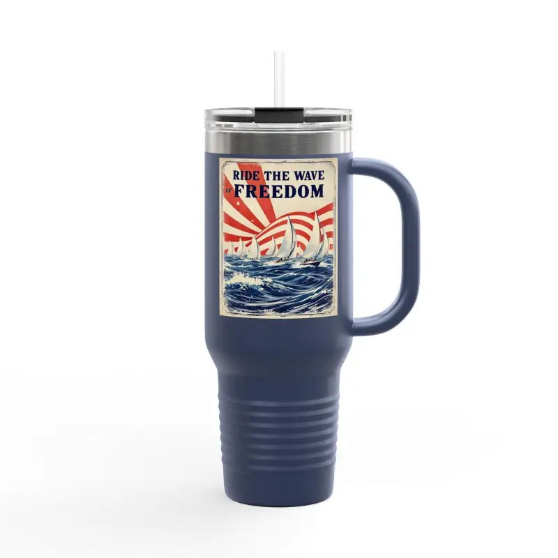 Blue travel mug with handle from the Ride The Wave Of Freedom 40oz collection