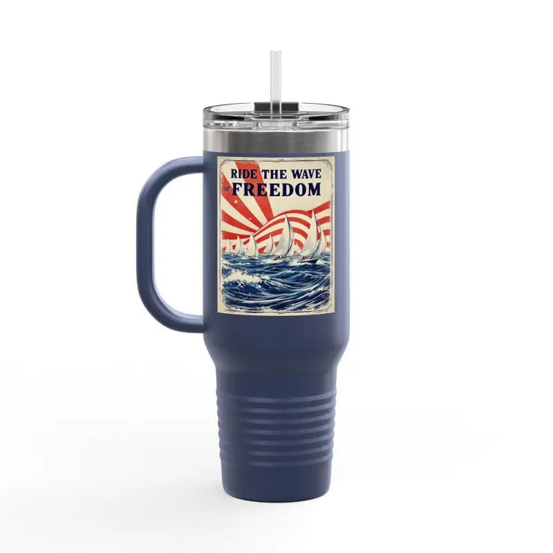 Blue travel mug with handle from Ride The Wave Of Freedom 40oz Travel Mug collection