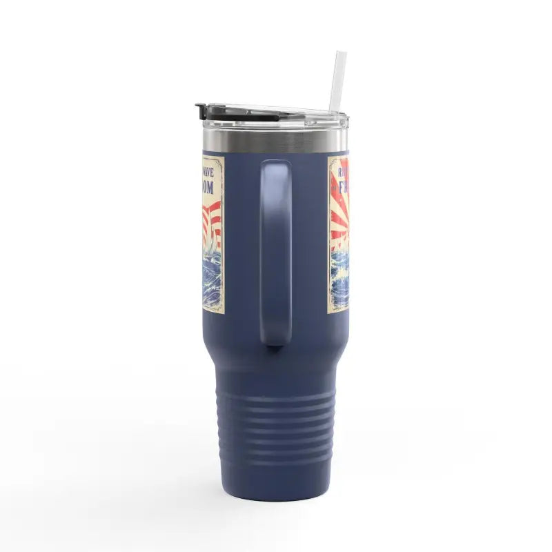 Blue insulated tumbler with handle and straw from Ride The Wave Of Freedom 40oz Travel Mug
