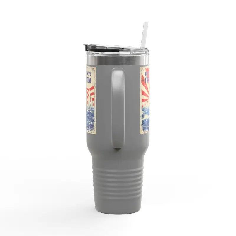 Gray travel mug with handle and straw from Ride The Wave Of Freedom 40oz Travel Mug