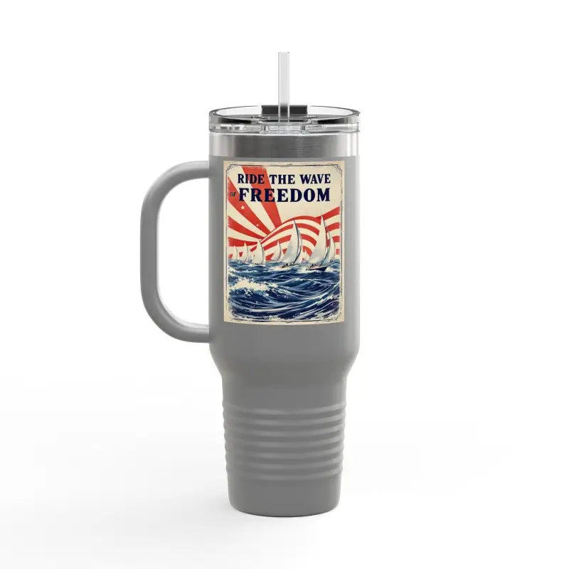 Gray travel mug with handle from Ride The Wave Of Freedom 40oz Travel Mug