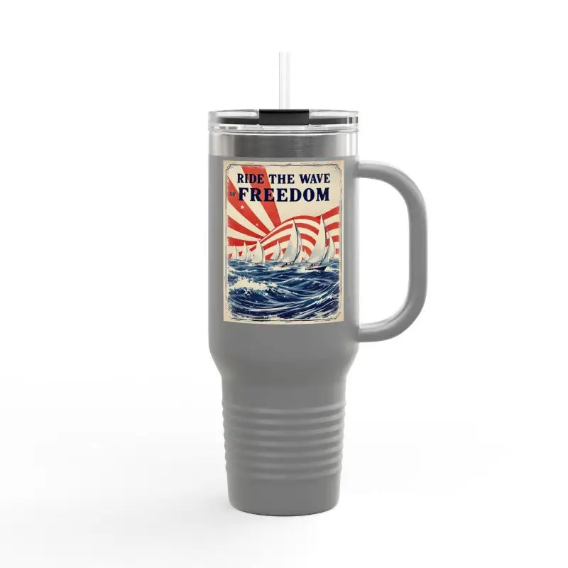 Gray travel mug with handle from Ride The Wave Of Freedom 40oz Travel Mug collection