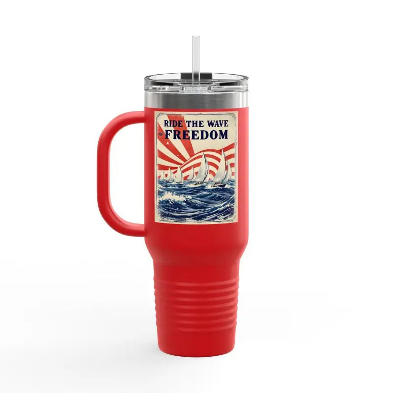 Red travel mug with handle from Ride The Wave Of Freedom 40oz Travel Mug collection