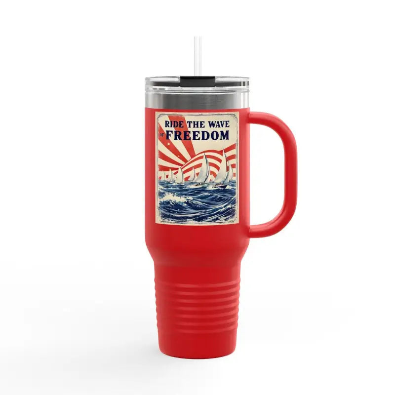 Red travel mug with handle from the Ride The Wave Of Freedom 40oz Travel Mug collection
