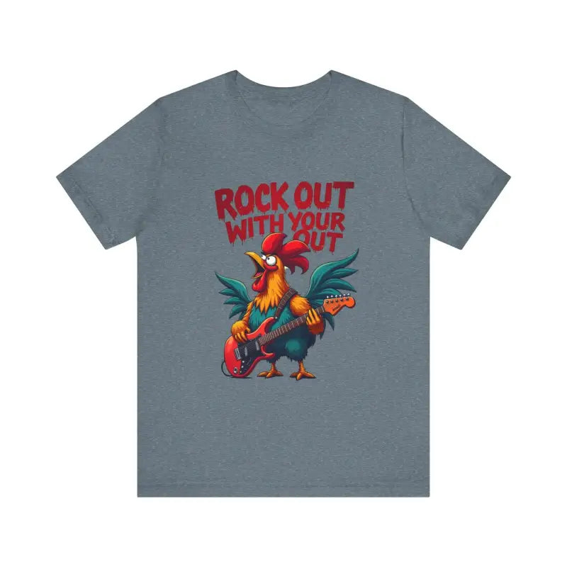 Gray t-shirt featuring a rooster playing guitar, available in multiple colors