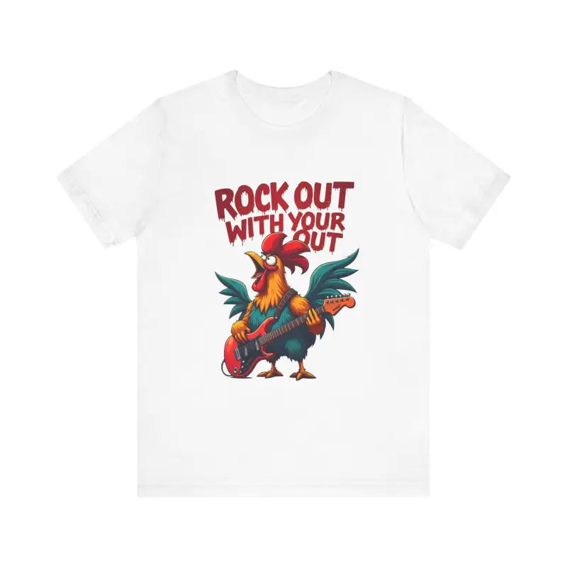White t-shirt featuring a rooster graphic in beige, black, white, and dark grey