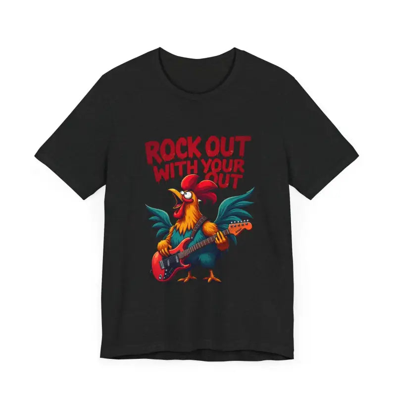 Black t-shirt featuring a rooster playing guitar, available in multiple colors