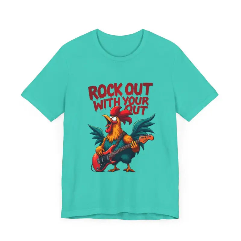 Teal t-shirt featuring a rooster playing guitar in a stylish graphic design