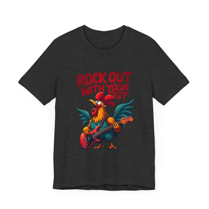 Black T-shirt featuring a rooster playing guitar from the Rooster Graphic T Shirt collection