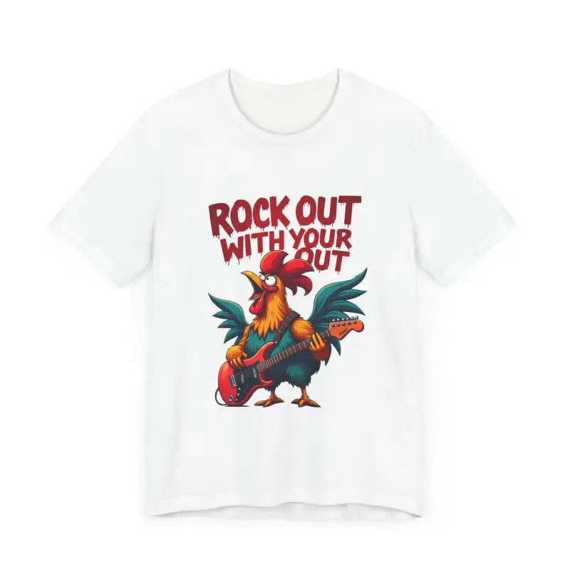 White t-shirt featuring a rooster graphic in beige, black, white, and dark grey