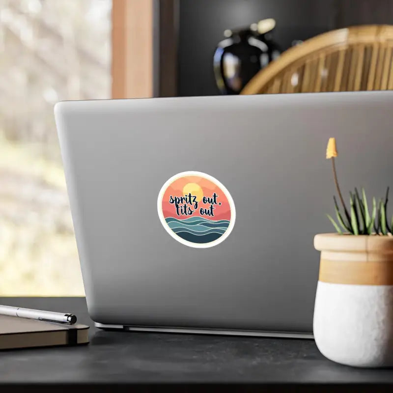 Round Laptop Sticker featuring a vibrant sunset and ocean design for beach lovers