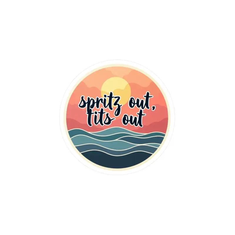 Round laptop sticker featuring a vibrant beach scene with sunset and ocean design