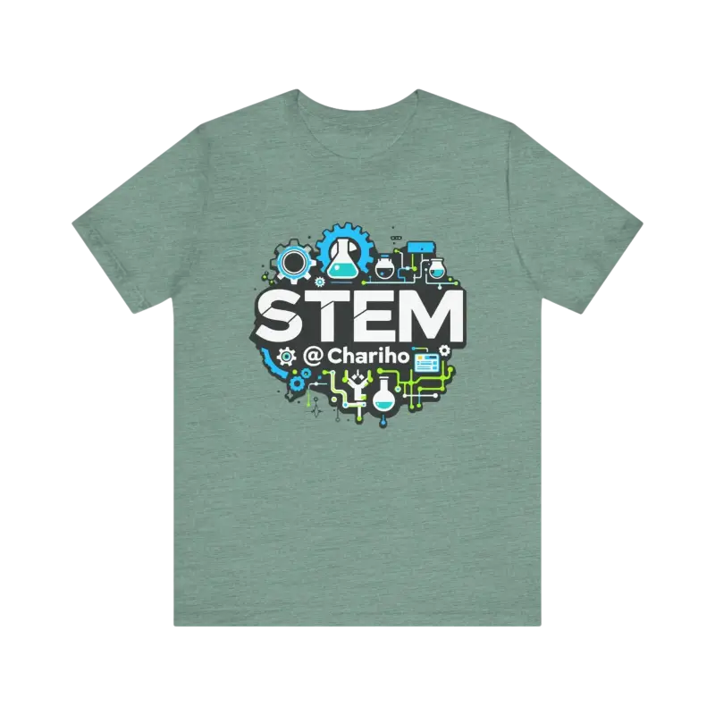 Green STEM-themed t-shirt for science lovers, STEM Chariho Unisex Jersey Short Sleeve Tee
