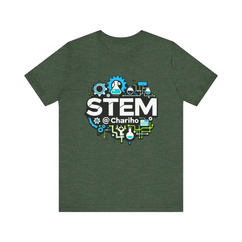 Green STEM t-shirt featuring Chariho design for science enthusiasts and education advocates