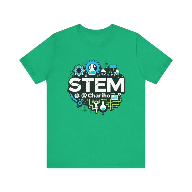 Green STEM-themed t-shirt showcasing the STEM Chariho Unisex Jersey Short Sleeve Tee