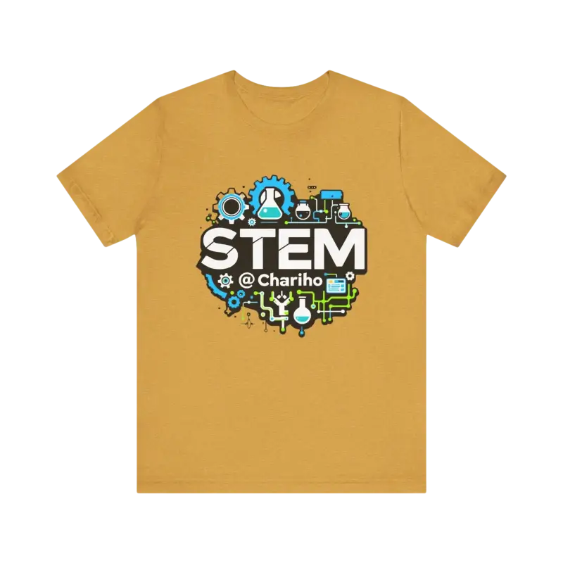 Mustard-colored unisex STEM t-shirt for science lovers by Chariho