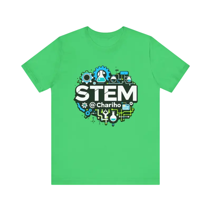 Green STEM-themed t-shirt from STEM Chariho for science enthusiasts and educators