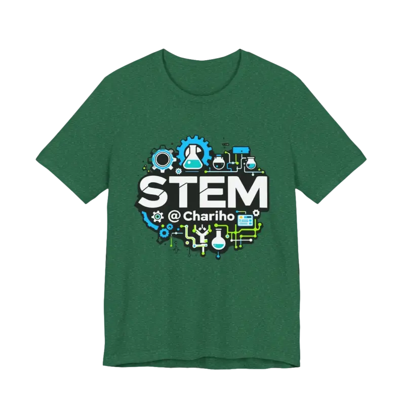 Green STEM design t-shirt for science lovers, featuring Chariho Unisex Jersey Short Sleeve Tee