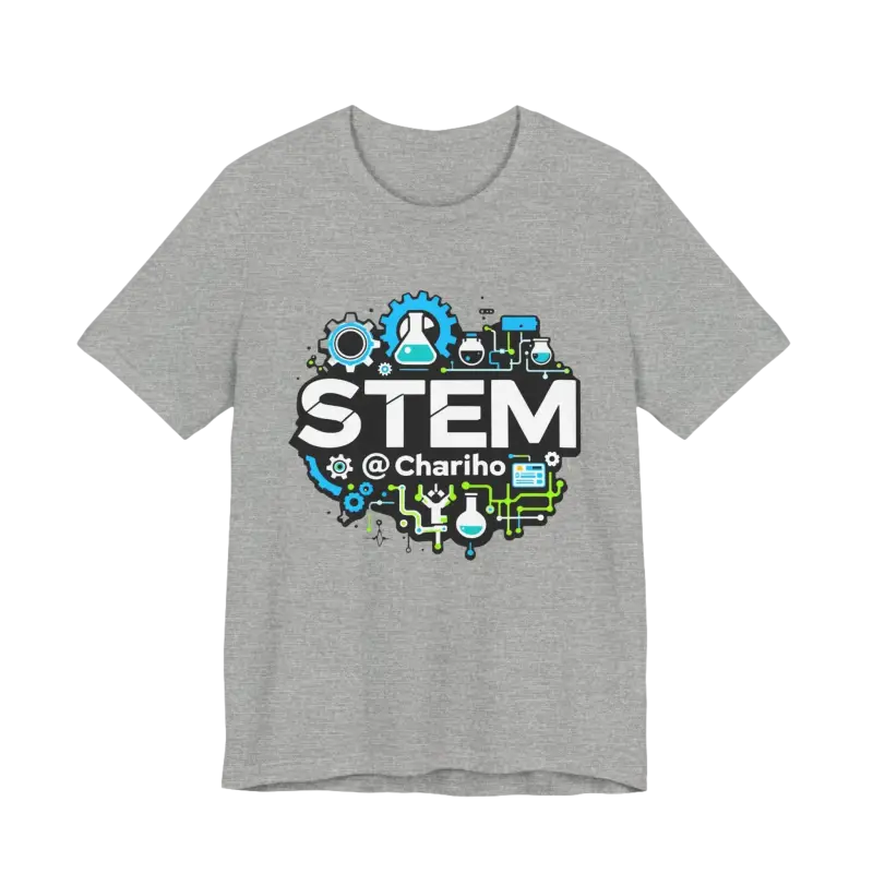 Gray STEM-themed t-shirt for science lovers, featuring the Chariho Unisex Jersey design