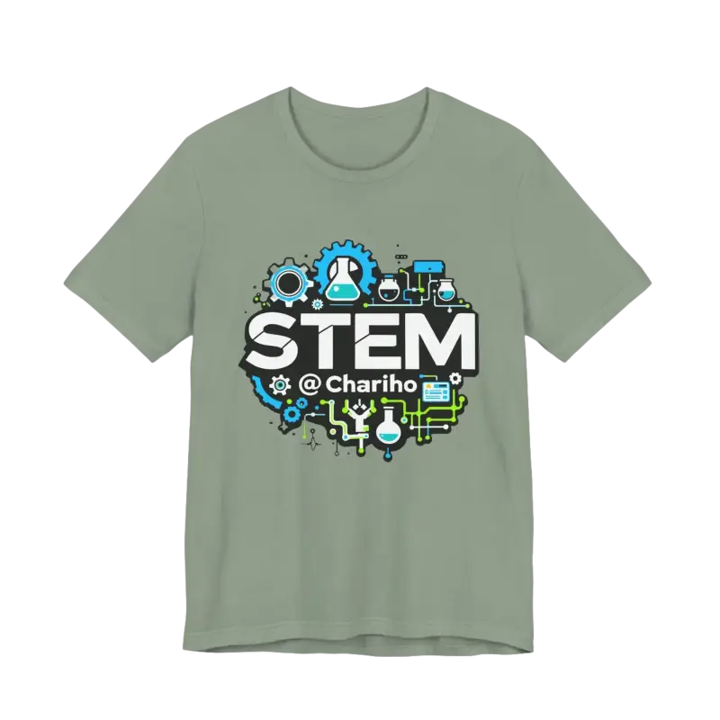 Gray STEM-themed t-shirt from STEM Chariho for science enthusiasts and educators